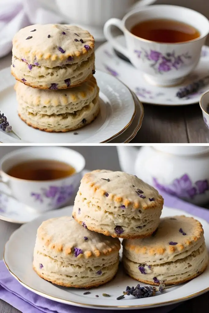 A plate of lavender scones served with tea, offering a floral twist on a classic favorite.