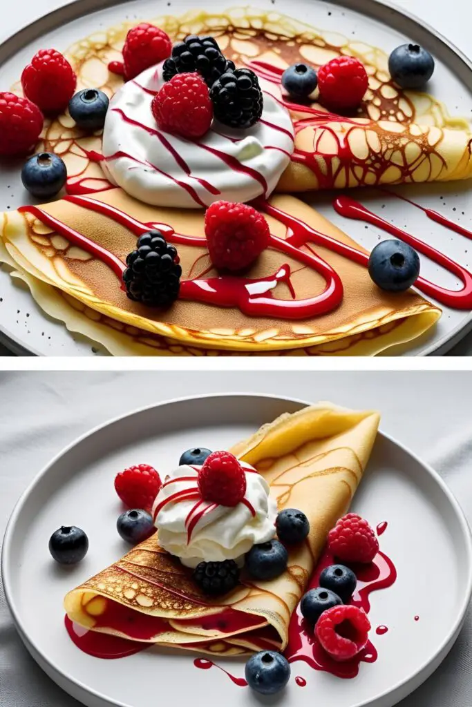 Close-up of deconstructed crepe topped with whipped cream and fresh berries on modern white plate
