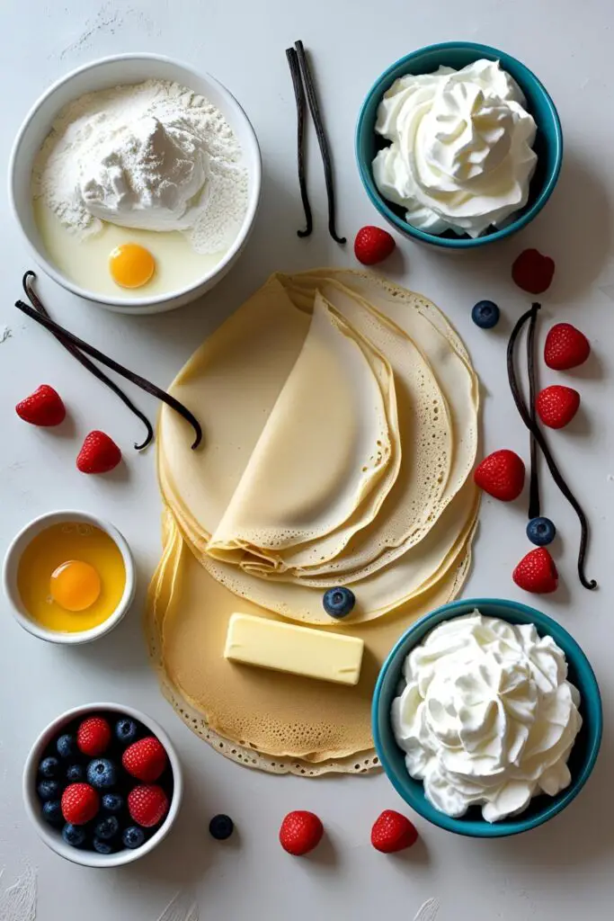 Overhead view of messy but beautiful deconstructed crepe with fruit and cream