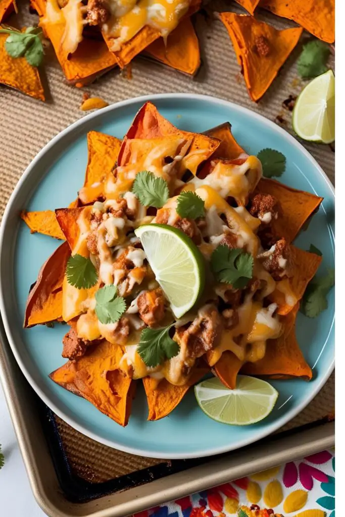Overhead view of healthy loaded sweet potato nachos with various toppings on a baking sheet.