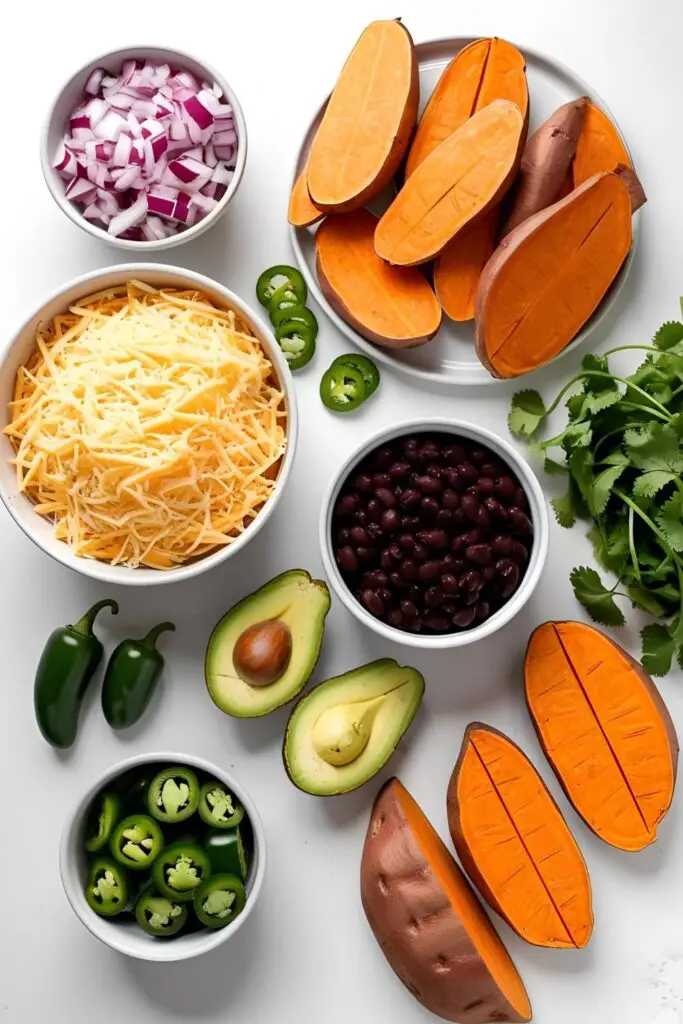 Close-up of crispy sweet potato nachos with melted cheese and colorful toppings.