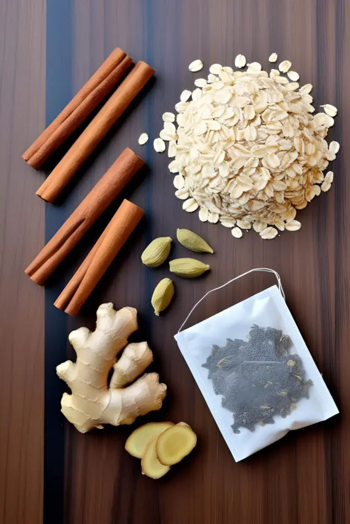  Masala chai oatmeal served in a rustic bowl with a spoon and fresh toppings.
