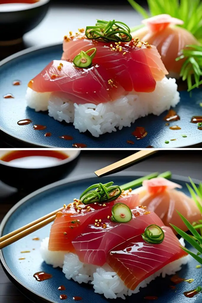 "Sake-marinated tuna served on sushi rice, garnished with sesame seeds and nori strips."