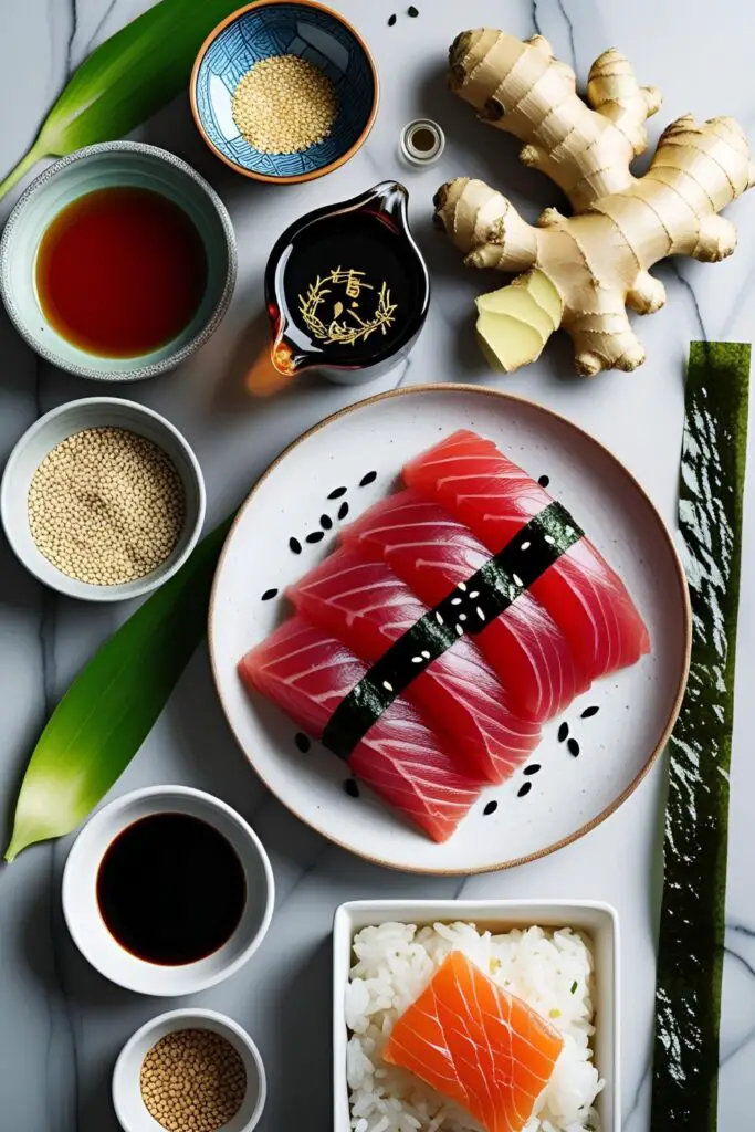 "Close-up of sake-marinated tuna slices atop a bed of sushi rice."