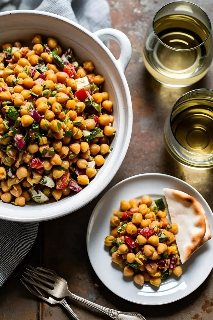 Close-up of a Mediterranean Chickpea Salad served in a white bowl, showcasing vibrant colors and a drizzle of lemony dressing.