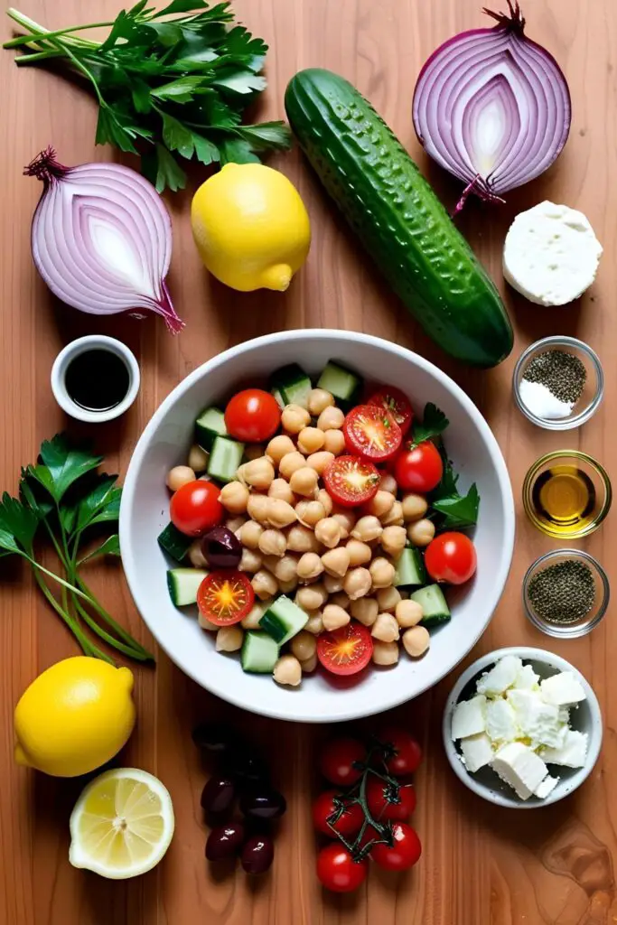 Flat lay of fresh ingredients for Mediterranean Chickpea Salad, including chopped tomatoes, cucumbers, red onion, olives, feta, and chickpeas on a wooden board.
