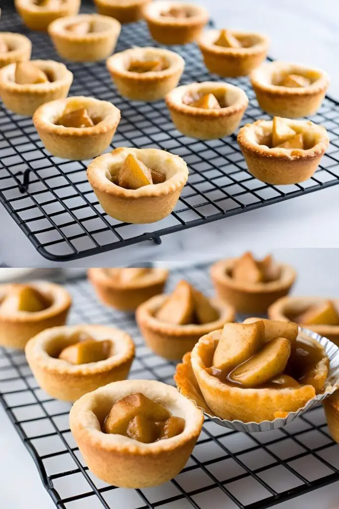 Mini apple pie bites arranged on a rustic wooden table, with a side of vanilla ice cream.