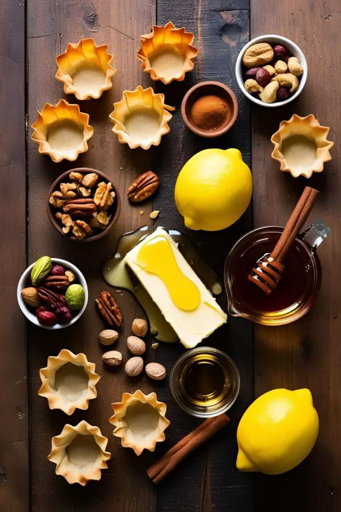  Close-up of mini baklava with flaky layers and nut filling.
