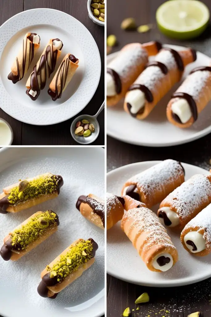 Assorted mini cannoli on a serving platter, garnished with powdered sugar.