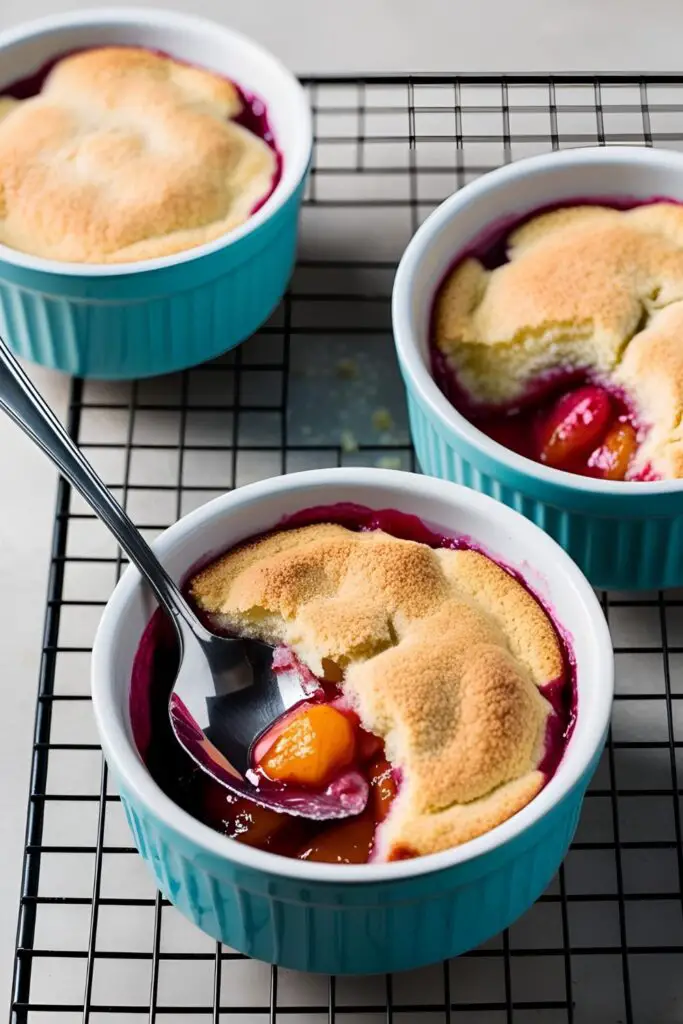 Two mini cobblers in ramekins on a wooden table, one with a spoonful taken out.
