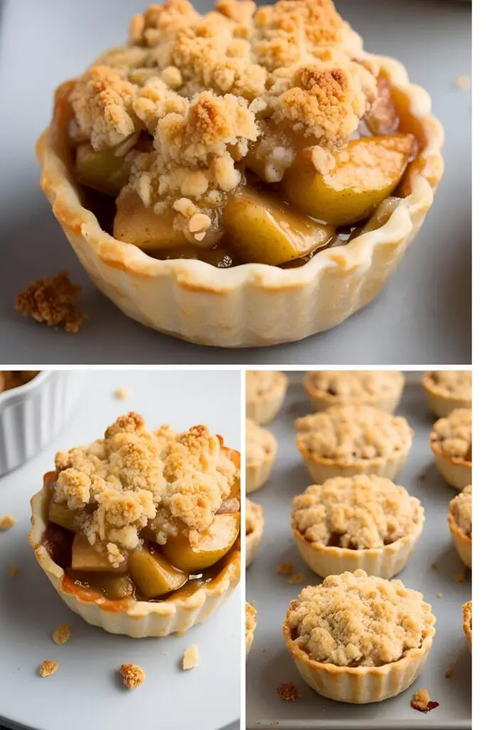 Close-up of a mini apple crumble with bubbling filling and crispy oat topping.