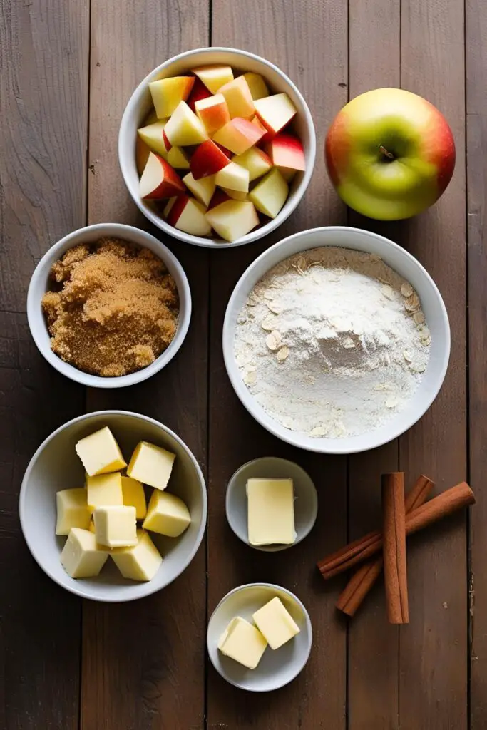 Individual apple crumbles with golden brown topping in white ramekins.
