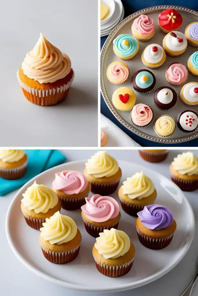 An assortment of mini cupcakes with different frosting designs displayed on a wooden board.