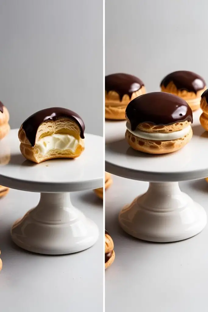 Close-up of a sliced mini eclair with pastry cream spilling out and chocolate glaze shining on top