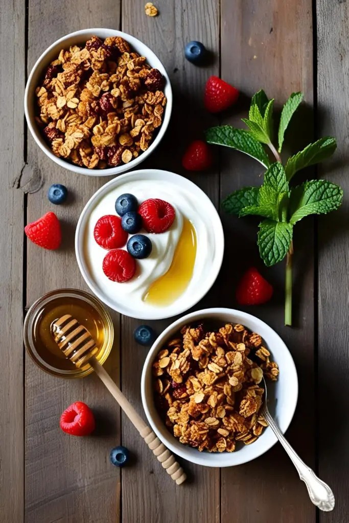 "Close-up of mini parfaits with layers of yogurt, granola, and mixed berries."