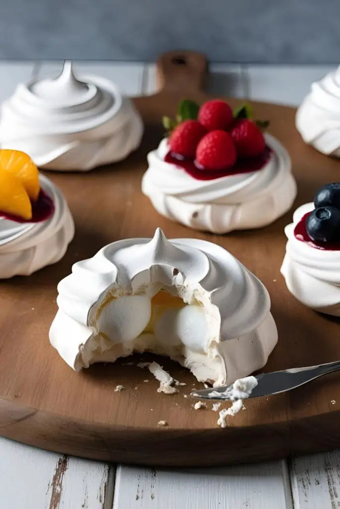  Close-up of a mini pavlova with a marshmallowy center, topped with berries.