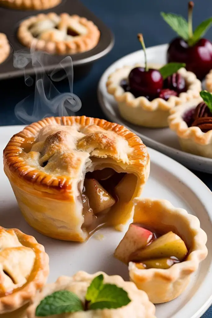 Mini pies of different varieties arranged on a cooling rack and sprinkled with powdered sugar, with one pie cut open to reveal the juicy filling inside.