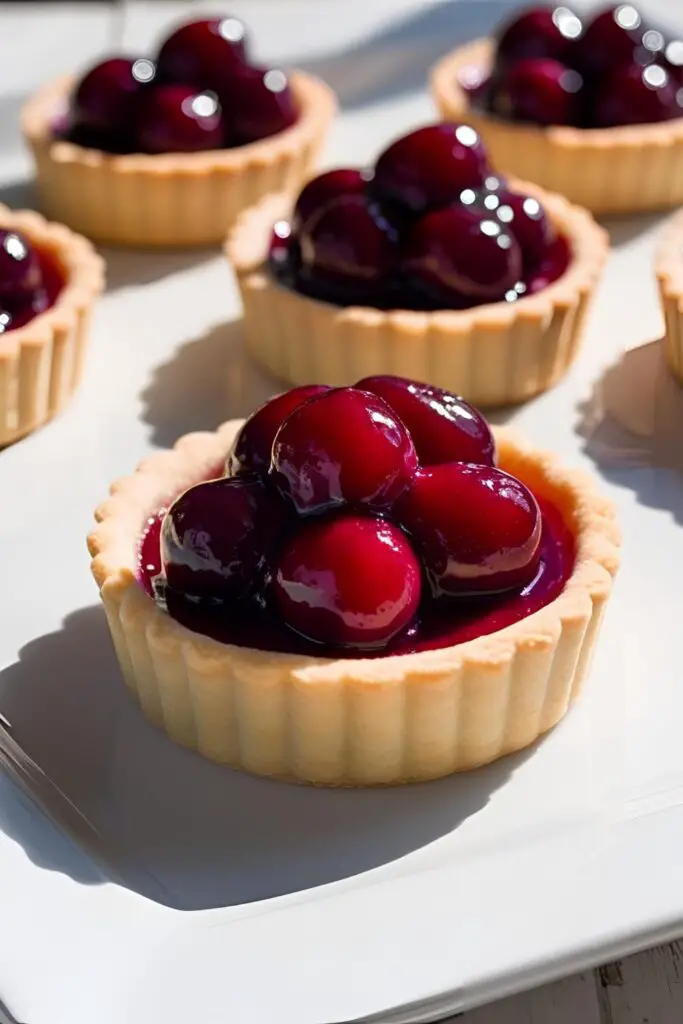 A variety of mini tarts with different fruit toppings arranged on a decorative plate.