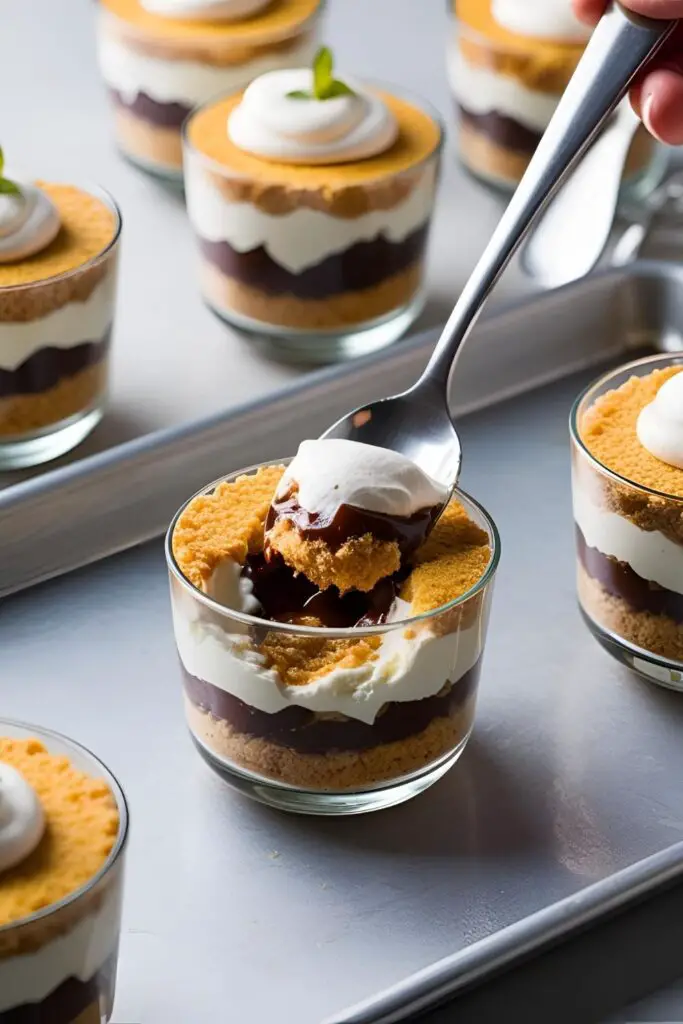 "A close-up image of a mini trifle with visible layers of pound cake, creamy vanilla pudding, fresh berries, and a swirl of whipped cream, garnished with a mint leaf in a clear dessert cup."