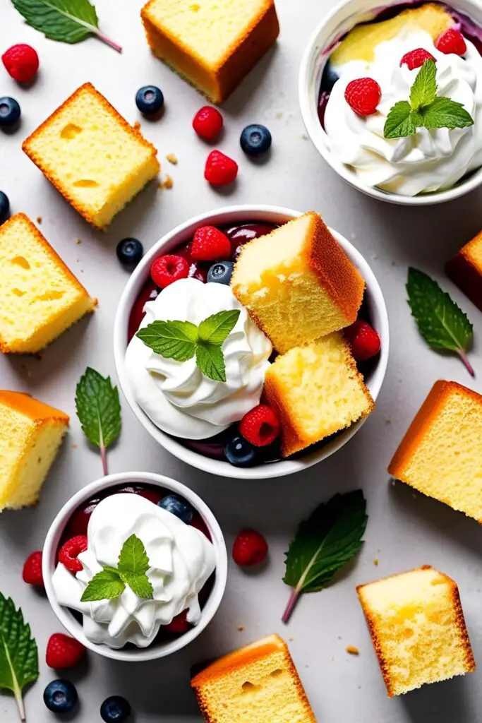 "Individual mini trifle desserts arranged on a serving tray, each showcasing vibrant layers of cake, pudding, berries, and cream."