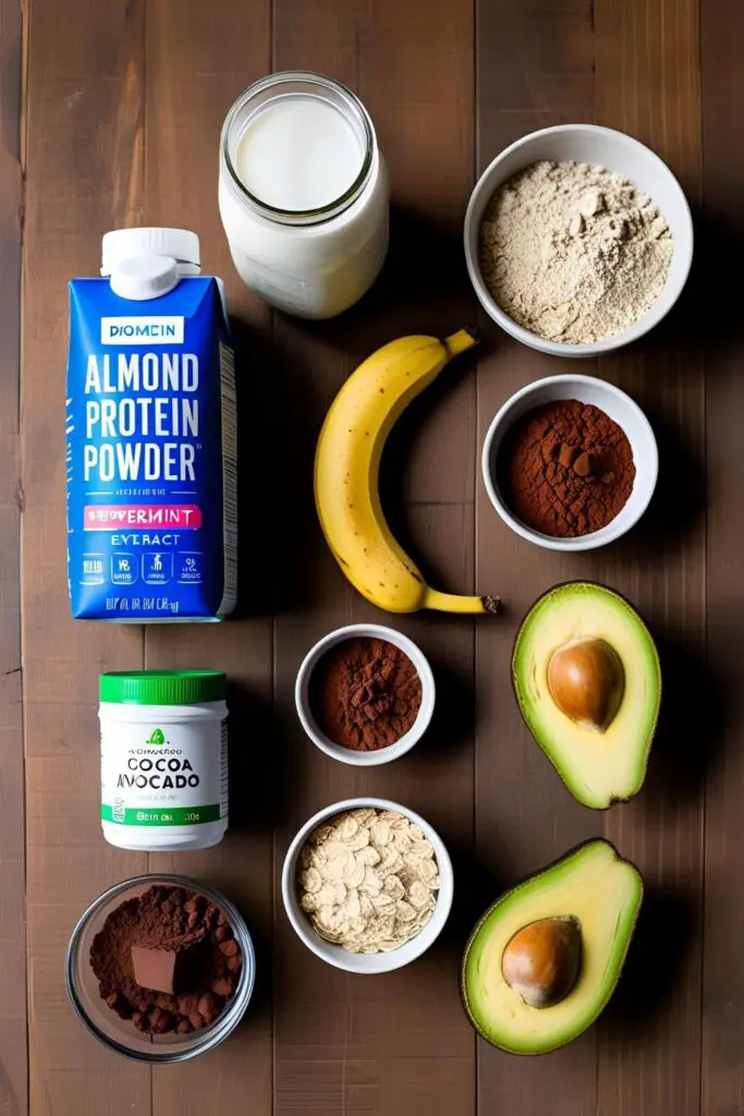  Close-up of a creamy mint chocolate protein shake with a straw, topped with chocolate chips
