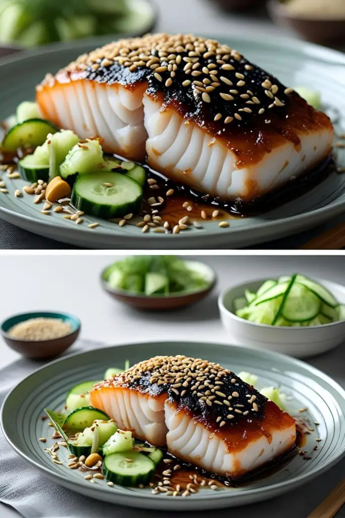 Close-up of golden miso-glazed cod fillet with sesame seeds and green onion garnish