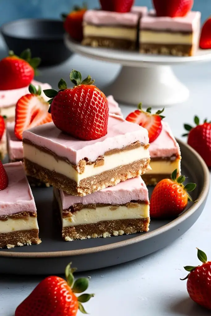  Close-up of a no-bake strawberry cheesecake bar showing distinct layers and topped with a fresh strawberry.