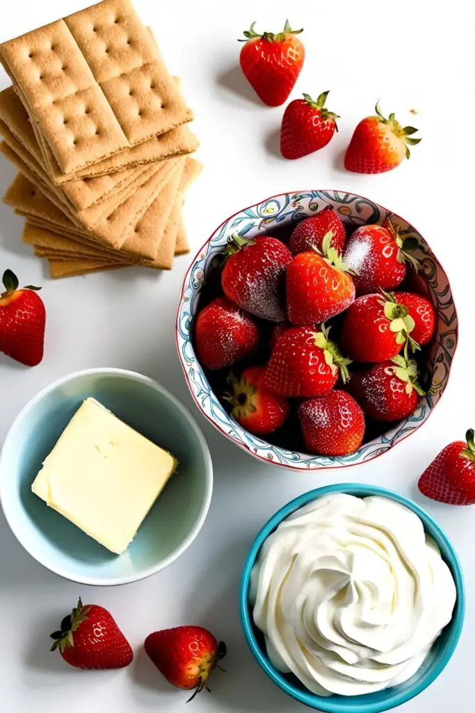 No-bake strawberry cheesecake bars arranged on a white plate, garnished with fresh strawberries.