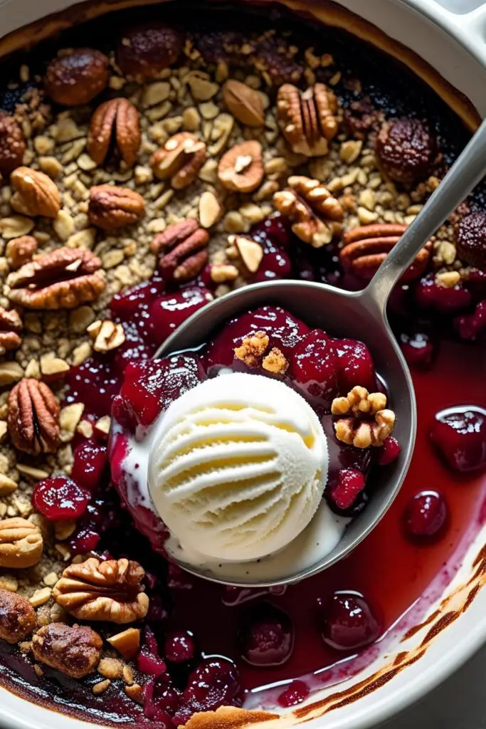 Overhead shot of a freshly baked nut crumble in a rustic baking dish.