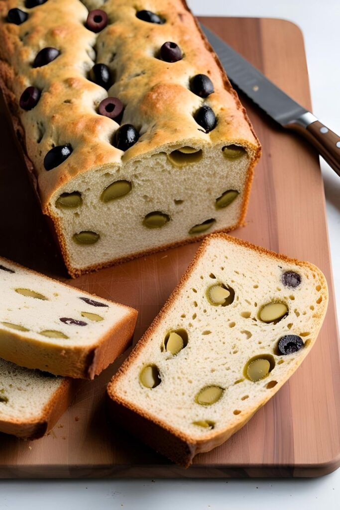 A rustic loaf of olive bread on a wooden board, ready to be sliced.