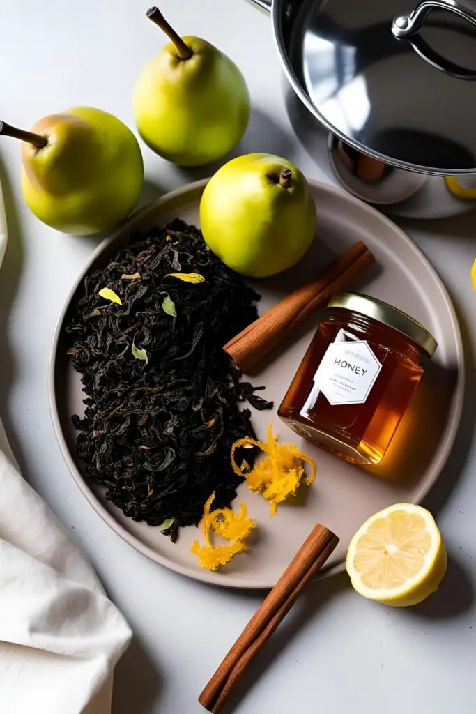  Close-up of an oolong poached pear with syrup, showcasing its glossy finish and garnishes