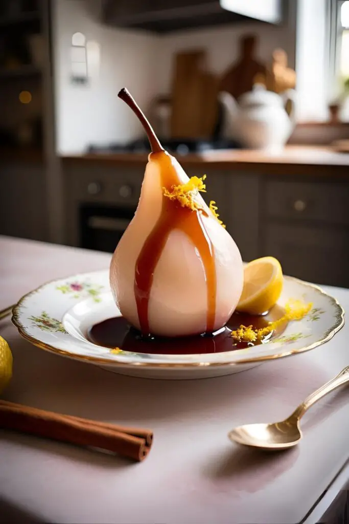 A serving of oolong poached pears on a white plate, accompanied by a cup of oolong tea.