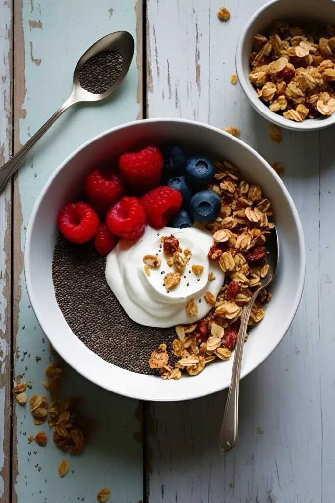 Chia pudding parfaits topped with yogurt and fresh fruit, ready to eat.