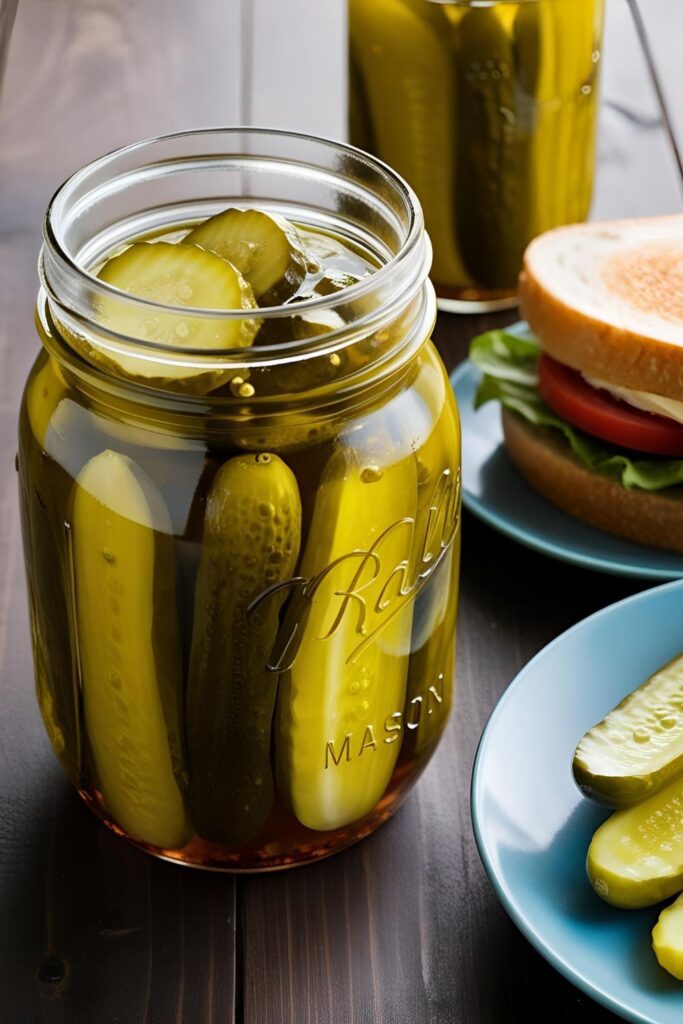 A serving plate with assorted overnight pickles and dipping sauce.