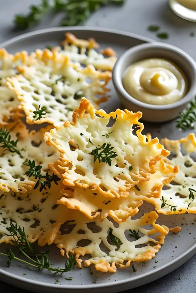 A bowl filled with golden Parmesan crisps, garnished with fresh herbs.