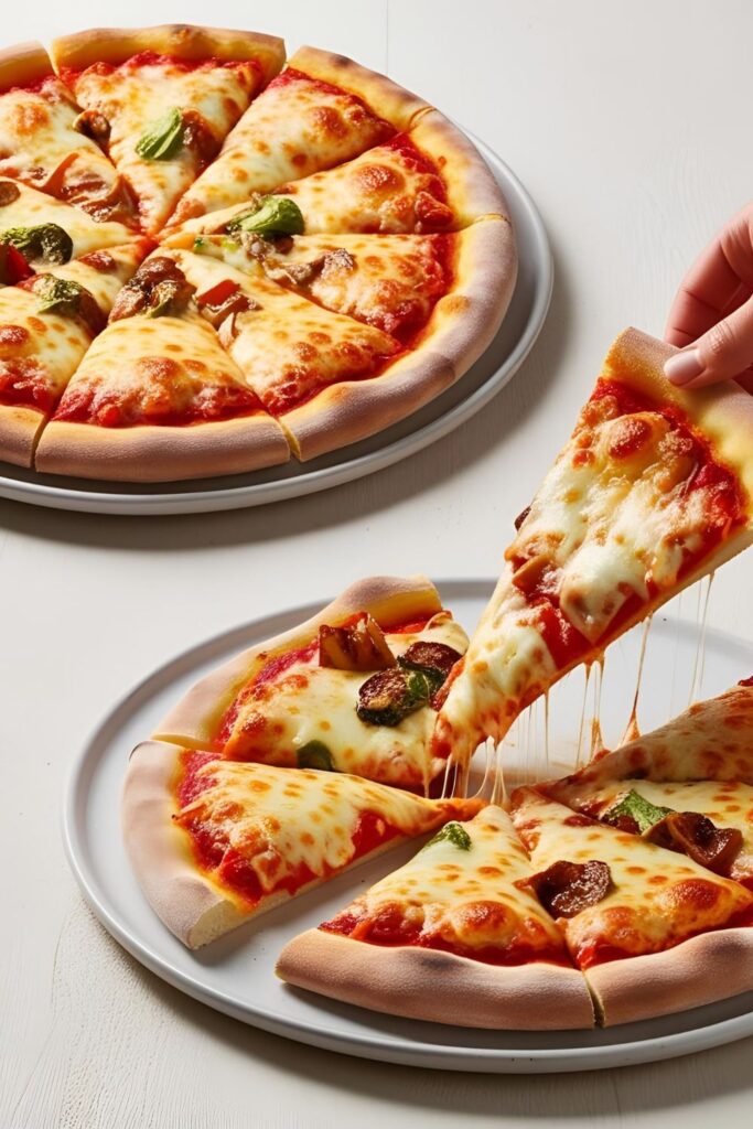 "Homemade pizza with golden crust and bubbling cheese, with one slice being pulled away to show airy, chewy interior"