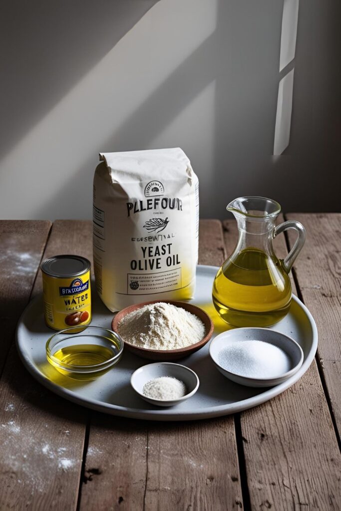 "Flat lay of pizza dough ingredients including flour, yeast, olive oil, salt, and water on a wooden surface"