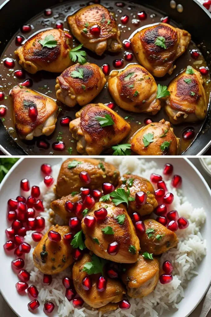 Overhead shot of pomegranate chicken served with rice and garnished with herbs.