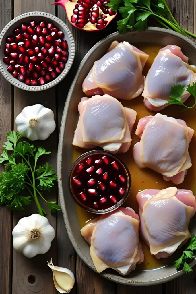  Skillet with pomegranate chicken simmering in sauce.