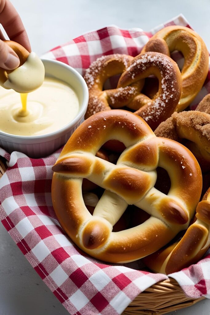  Close-up of a soft pretzel being dipped into cheese sauce, highlighting its soft interior