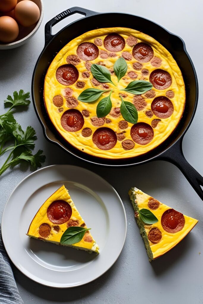 A golden-brown frittata topped with melted cheese and fresh herbs, served in a cast-iron skillet.