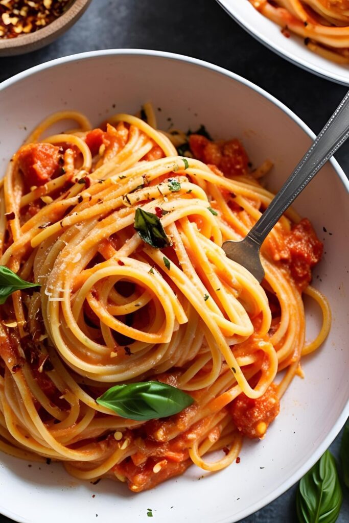 Overhead shot of spicy tomato pasta with basil garnish.