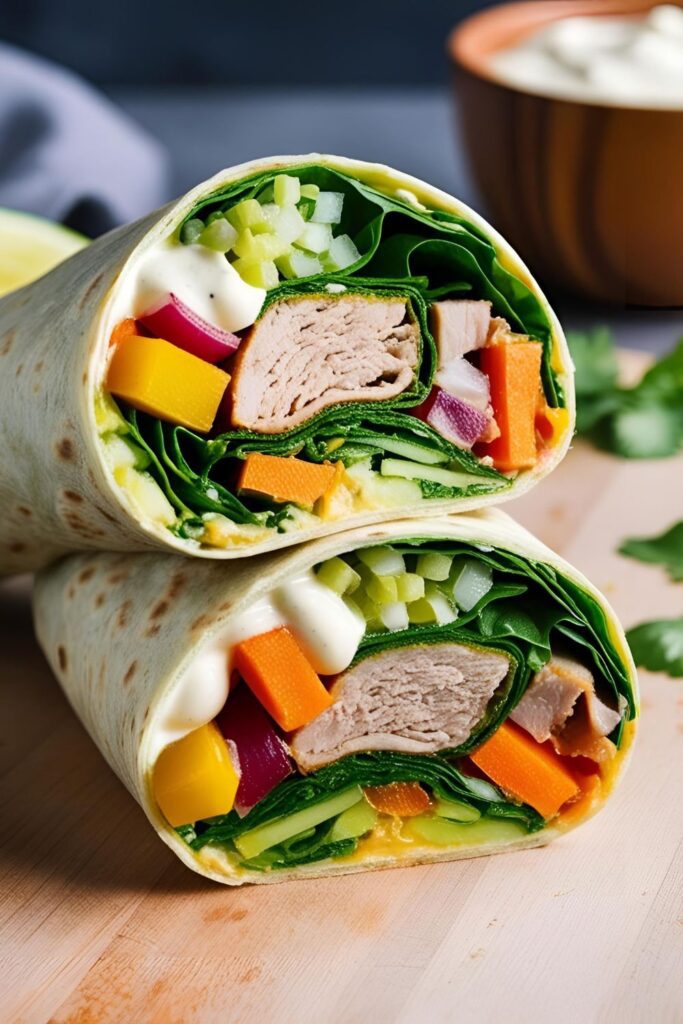 Close-up of a wrap with visible layers of veggies and protein.