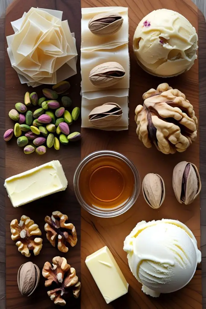 Modern-style deconstructed baklava with layered textures, honey syrup drizzle, and toasted pistachios on a white plate.