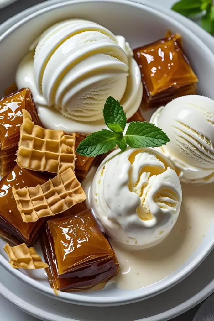 Golden brown phyllo shards stacked with crushed nuts and sticky honey syrup for a deconstructed baklava dessert twist.