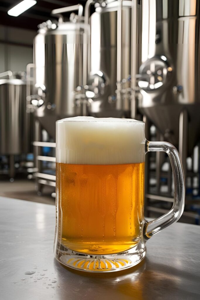  "A frothy pint of golden quick-ferment beer on a wooden table with hops and malt extract beside it, showcasing a cozy home brewing setup."