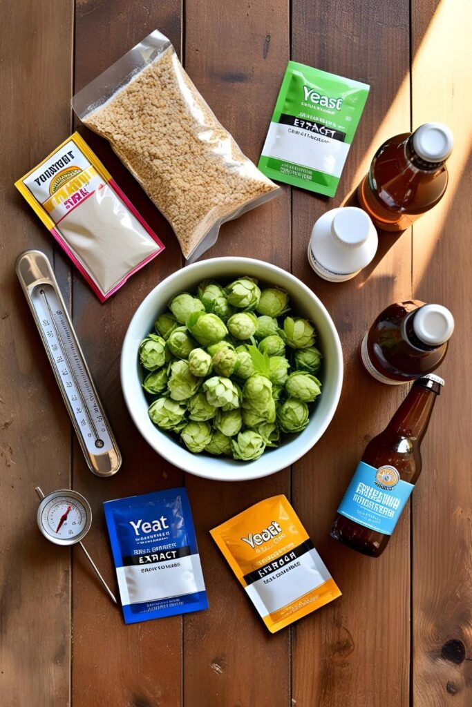 "Bottles of homemade quick-ferment beer lined up on a kitchen counter."
