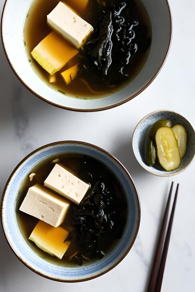  A bowl of miso soup garnished with green onions and served with chopsticks.