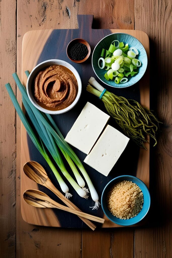 lose-up of a bowl of miso soup with tofu cubes and seaweed.