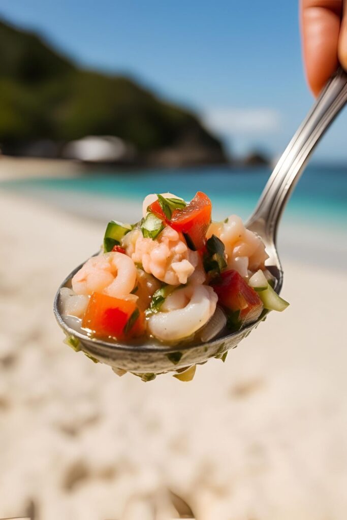 "A serving of ceviche on a white plate, garnished with avocado slices and lime."
